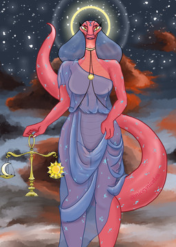 anthro aureola blue_spots clothing cloud female halo moon niceynicetea red_body red_scales scales solo spots star sun translucent translucent_clothing yellow_eyes unknown_artist raspberry_(dis_snek) reptile scalie snake hi_res