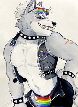 anthro bottomwear bracelet briefs bulge clothed clothing collar eyewear grin jewelry lgbt_pride male muscular muscular_anthro muscular_male navel open_bottomwear open_clothing open_pants open_topwear open_vest pants pecs pride_color_clothing pride_colors rainbow_briefs sharp_teeth smile solo spiked_bracelet spiked_collar spikes sunglasses teeth topwear underwear vest ulala_ko nintendo star_fox wolf_o'donnell canid canine canis mammal wolf hi_res