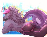 anthro beach beachside butt clothing fur hat headgear headwear heart_symbol horn male muscular muscular_anthro muscular_male purple_body purple_fur seaside solo visor_cap wetsuit alli_paeonia lifewonders tokyo_afterschool_summoners bathym_(tas) canid canine canis demon mammal wolf 5:4 hi_res