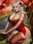 accessory big_breasts breasts clothing female flower flower_in_hair grey_hair hair hair_accessory legwear lipstick long_hair makeup not_furry plant red_lipstick solo thigh_highs shurakrgt elf humanoid 3:4