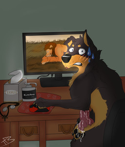 ambiguous_gender animal_genitalia animal_penis black_nose blush bodily_fluids canine_genitalia canine_penis caught_in_the_act claws computer cum desk duo electronics erection feral furniture genital_fluids genitals knot looking_at_viewer lube male male/ambiguous male_focus masturbation monitor penis pornography precum semi-anthro sex solo sweat sweatdrop table teeth tissue walk-in vailwolf akela_vincent canid canine canis mammal wolf hi_res picture_in_picture signature