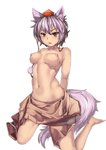 big_breasts blush breasts clothed clothing female grey_hair hair hat headgear headwear kneeling looking_at_viewer navel nipples open_mouth red_eyes short_hair simple_background solo topless white_background 463_jun touhou momiji_inubashiri animal_humanoid canid canid_humanoid humanoid mammal mammal_humanoid 2013 hi_res