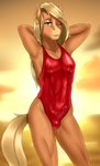 2020 absurd_res anthro biped blonde_hair brown_body brown_fur buffbumblebee bulge chrissy_(buffbumblebee) clothed clothing crossdressing digital_drawing_(artwork) digital_media_(artwork) ear_piercing ear_ring equid equine erection eyebrows eyelashes front_view fur girly hair hi_res horse humanoid_genitalia long_hair looking_at_viewer makeup male mammal one-piece_swimsuit outside piercing ring_piercing seaside smile solo standing swimwear tight_clothing water wet wet_clothing