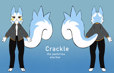 3_fingers anthro big_tail blue_body blue_fur clothed clothing female fingers fur solo squirrel_tail tail white_body white_fur sloumpl nintendo pokemon crackle_(sloumpl) generation_4_pokemon pachirisu pokemon_(species) hi_res model_sheet