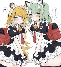 accessory animal_ears backpack bare_legs bell bell_collar blonde_hair blush bodily_fluids bracelet clothing collar female female/female fluffy_ears green_hair hair hair_accessory half-closed_eyes hands_together heart_symbol jewelry long_hair looking_at_viewer maid_headdress maid_uniform narrowed_eyes necktie open_mouth red_backpack short_hair simple_background speech_bubble striped_hair suggestive_look sweat text uniform white_background young young_female young_humanoid hayato_hoshi604 mihoyo zenless_zone_zero ju_fufu sunna_(zenless_zone_zero) animal_humanoid felid felid_humanoid humanoid mammal mammal_humanoid pantherine pantherine_humanoid thiren tiger_humanoid absurd_res hi_res translation_request
