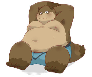anthro belly blush brown_body brown_fur clothing fur kemono male moobs nipples overweight overweight_male simple_background sitting solo underwear white_background uokkom canid canine mammal raccoon_dog tanuki 2015