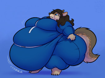 anthro belly belly_squish big_belly big_breasts big_butt blue_eyes breasts brown_hair butt chubby_cheeks clothed clothing creaking fat_arms fat_legs female hair huge_belly huge_butt morbidly_obese morbidly_obese_anthro morbidly_obese_female motion_lines obese obese_anthro obese_female overweight overweight_anthro overweight_female simple_background skinsuit solo squish standing tail tight_clothing home_made canid canine canis mammal wolf 2026 4:3 hi_res