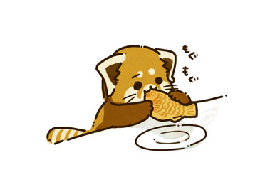 black_eyes black_nose chibi dot_eyes eating feral food kemono simple_eyes solo text shi_nominmin ailurid mammal red_panda 2023 hi_res japanese_text