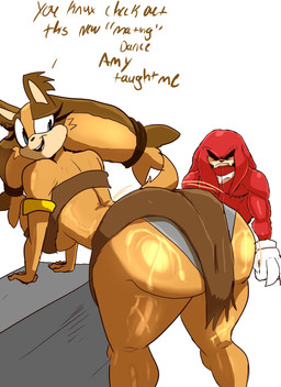 anthro bent_over big_butt black_eyes blue_eyes bottomwear butt clothing crop_top dialogue duo female glare gloves handwear looking_back male muscular orange_body red_body shaking_butt shirt skirt smile text topwear susknuckles sega sonic_boom sonic_the_hedgehog_(series) knuckles_the_echidna sticks_the_jungle_badger badger echidna mammal monotreme mustelid musteline absurd_res english_text hi_res