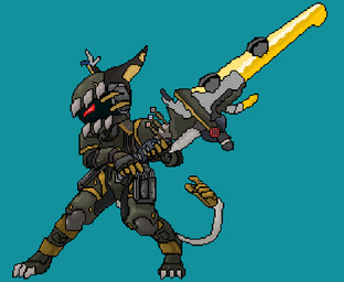 action_pose anthro armor attack_pose battle_damage bent_legs broken_ear claws clothing fangs fighting_pose gauntlets gloves green_body handwear highlights_(coloring) knee_pads knife_sheath machine male melee_weapon pose prehensile_tail red_eyes simple_background solo squinted_eyes sword tail tail_hand teeth teeth_showing toe_claws unusual_anatomy unusual_tail visor visor_helmet weapon kiar_riptide fiera_(kiar_riptide) android humanoid robot digital_media_(artwork) pixel_(artwork) shaded