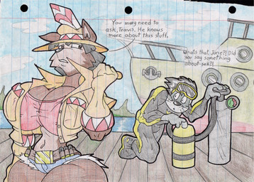 anthro belt big_breasts boat bottomwear breasts brown_body brown_eyes brown_fur bulge bullet bullet_belt clothing crop_top duo eyewear female fur goggles grey_body grey_fur grey_hair hair hat headgear headwear huge_breasts jacket male navel scuba_tank shirt tan_body tan_fur text topwear vehicle water watercraft whiskers virus-20 june_coyote travis_seal aquatic canid canine canis coyote mammal pinniped seal 2015 english_text sketch traditional_media_(artwork)