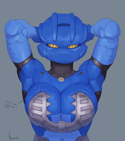 armpit_fetish arrow_(symbol) big_breasts breasts cleavage clothed clothing commentary english_commentary female grey_background hands_behind_head kanohi_(bionicle) looking_at_viewer machine orange_eyes presenting_armpit simple_background solo straight-on text wet neoruke bionicle lego gali humanoid robot robot_humanoid absurd_res artist_name english_text half-length_portrait hi_res portrait