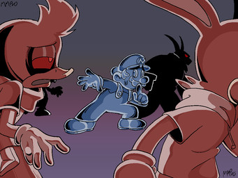 ambiguous_gender anthro assimilation beak bodily_fluids clothing facial_hair gloves group hair handwear hat headgear headwear male metal_cap metal_virus metallic metallic_body metallic_hair mustache overalls pseudo_hair rabbit_ears red_eyes shush silhouette sneaking solo sweat sweatdrop m_m_product mario_bros nintendo sega sonic_the_hedgehog_(series) mario ambiguous_species anatid anseriform avian bird duck felid feline human lagomorph leporid mammal rabbit undead zombie 4:3