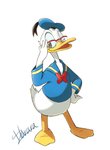 anthro beak blue_clothing blue_sclera bottomless bow_tie clothed clothing eyewear feathers glasses hand_on_hip hat headgear headwear looking_at_viewer male one_eye_closed open_mouth open_smile simple_background smile solo standing white_background white_body white_feathers yellow_beak harara disney donald_duck anatid anseriform avian bird duck 2020 digital_drawing_(artwork) digital_media_(artwork) hi_res signature