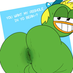 anthro anus ass_up balls beak bedroom_eyes big_butt blonde_hair blue_background blue_clothing blue_hat blue_headwear blush bodily_fluids butt close-up clothed clothing darkened_anus feathers genitals green_anus green_balls green_body green_perineum hair half-closed_eyes hat hat_only headgear headgear_only headwear headwear_only huge_butt looking_at_viewer looking_back male mostly_nude mostly_nude_anthro mostly_nude_male narrowed_eyes perineum question_mark seductive short_hair shortstack simple_background smile solo sweat tail teeth text thick_thighs topwear what wide_hips svenniehoek breadwinners nickelodeon swaysway anatid anseriform avian bird duck mammal 1:1 absurd_res digital_media_(artwork) english_text hi_res