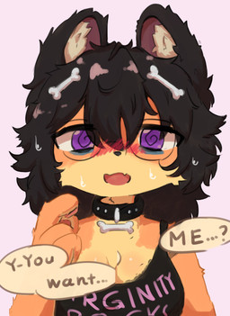 accessory anthro black_hair blush bodily_fluids bone breasts brown_body brown_fur clothing collar dialogue ellipsis eyewear female female_anthro fur gesture glasses hair hair_accessory hand_gesture kemono open_mouth pointing pointing_at_self purple_eyes question_mark round_glasses shirt solo spiral spiral_pupils sweat sweatdrop tan_body tan_fur tank_top text text_on_clothing tongue topwear wearing_glasses rpha cumbusters gamer_struggles chiro_(gamer_struggles) canid canine canis domestic_dog mammal 2025 absurd_res bust_portrait digital_media_(artwork) english_text hi_res portrait reaction_image