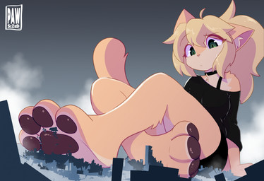 4_toes anthro black_clothing black_shirt black_topwear bodily_fluids breasts brown_body brown_fur brown_hair choker city clothing destruction feet female fur green_eyes hair inner_ear_fluff jewelry looking_down macro necklace outside pawpads shirt sitting smoke solo surprised sweat sweatdrop tail toes topwear tuft p4wsized paige_(cat_citrus) domestic_cat felid feline felis mammal 2025 digital_media_(artwork) hi_res