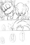 anthro blush bodily_fluids clothing cum cum_on_face dialogue duo ellipsis eyes_closed genital_fluids gloves handwear head_scratch lying male male/male sleeping speech_bubble text antena27 sega sonic_the_hedgehog_(series) miles_prower sonic_the_hedgehog canid canine eulipotyphlan fox hedgehog mammal comic japanese_text monochrome translation_request