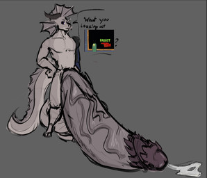 anthro bionic_arm bionics bodily_fluids cum cybernetic_arm cybernetic_limb digitigrade frill_(anatomy) genital_fluids genitals horn hyper hyper_genitalia male nude penis simple_background slur solo spiked_penis spikes spikes_(anatomy) vein veiny_penis ratrat13 reptile scalie