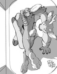 2014 anthro antlers big_feet butt casual_nudity deer duo eyes_closed feet fur greyscale hair hi_res horn lagomorph leporid logan_(pit_fighters) lying_on_another male mammal monochrome notched_ear paris_(pit_fighters) pit_fighters rabbit rick_griffin sitting sleeping social_nudity tattoo
