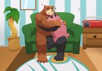 anthro belly black_body black_fur brown_body brown_fur duo eyes_closed fur furniture heart_symbol hug inside male male/male nude overweight overweight_male sitting sofa k_hunnicutt animal_crossing nintendo chow_(animal_crossing) teddy_(animal_crossing) bear giant_panda mammal 2020 hi_res