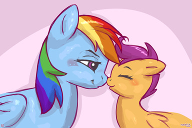 age_difference blue_body blue_fur blush blush_lines closed_smile duo eyebrows feathered_wings feathers female feral fur hair larger_female looking_at_another mouth_closed multicolored_hair nuzzling older_female orange_body orange_fur qr_code quadruped rainbow_hair red_eyes short_hair side_view simple_background size_difference smaller_female smile standing wings young young_female young_feral younger_female maverick friendship_is_magic hasbro my_little_pony mythology rainbow_dash_(mlp) scootaloo_(mlp) equid equine mammal mythological_creature mythological_equine pegasus 2026 3:2 hi_res