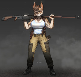 5_fingers anthro big_breasts boots bottomwear breasts brown_body brown_eyes brown_fur brown_hair cleavage clothed clothing ear_tuft eyebrows eyelashes female fingers footwear fully_clothed fur gun hair hair_over_eye handgun holster inner_ear_fluff looking_at_viewer makarov_pm markings muscular muscular_arms muscular_female one_eye_obstructed pants pattern_clothing pattern_shirt pattern_topwear pistol ptrs-41 ranged_weapon rifle shirt shoes short_hair short_tail sidecut solo spots spotted_body spotted_fur standing striped_clothing striped_shirt striped_topwear stripes tail tan_body tan_fur tank_top topwear tuft weapon pgm300 felid feline lynx mammal 2021 absurd_res digital_media_(artwork) hi_res shaded