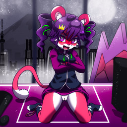 anthro blush bottomless breasts city cityscape clothed clothing clothing_around_one_leg dress female female_anthro fur genitals hair panties panties_around_one_leg panties_down partially_clothed pink_body pink_fur purple_eyes purple_hair sitting small_breasts solo spread_legs spreading underwear underwear_around_one_leg underwear_down vulva young young_anthro young_female askknight gina_(askknight) felid leopard mammal pantherine 1:1 2021 hi_res