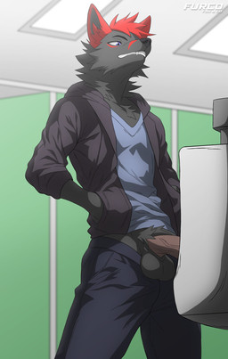 anthro balls bathroom clothed clothing ejaculation genitals grin hair hands-free humanoid_genitalia jacket male no_underwear penis public_restroom smile solo teeth topwear urinal vein veiny_penis furco canid canine canis mammal wolf digital_drawing_(artwork) digital_media_(artwork) hi_res