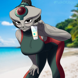 anthro bent_over big_breasts black_eyes bodysuit breasts clothing eyelashes female forehead_gem front_view fur gem green_bodysuit green_clothing green_skinsuit grey_body grey_fur holding_object looking_at_viewer red_bodysuit red_clothing red_skinsuit skinsuit smile solo thick_thighs tight_clothing wide_hips tuskofjaguar nine_sols red_candle_games eigong_(nine_sols) felid feline mammal solarian 1:1 absurd_res hi_res