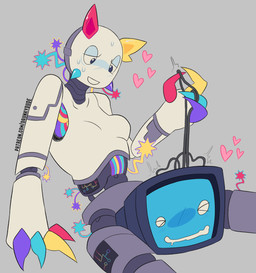 ambiguous_gender blue_screen blush bodily_fluids circuit_markings crt drooling duo electronics exposed_wires female femboy grey_background heart_symbol horn machine male male/female markings nervous nervous_smile not_furry objectophilia objectum robot_on_object saliva shy simple_background sweat t4t television text wire_play drunkydude regretevator roblox the_axolotl_sun prototype_(regretevator) scag_(regretevator) animate_inanimate humanoid robot 2026 digital_media_(artwork) hi_res url trans_(lore) trans_woman_(lore)