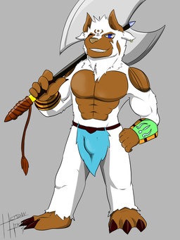 abs anthro anthrofied armor axe barefoot battle_axe biceps biped bottomwear bracers bulge claws clothed clothing digimorph fantasy_axe fantasy_weapon feet holding_object holding_weapon horn loincloth looking_at_viewer male melee_weapon muscular muscular_anthro muscular_male one_eye_closed pecs pose smile solo standing teeth toe_claws topless weapon weapon_on_shoulder wink heibanhikaru bandai_namco digimon fan_character kori_the_korikakumon digimon_(species) korikakumon mammal 3:4 pinup signature
