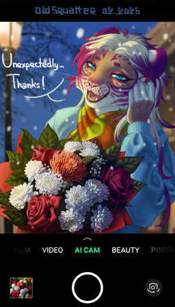 anthro blue_clothing blue_eyes bouquet camera chrysanthemum clothed clothing detailed_background electronics embarrassed evening female fingers flashlight flower fur hair hand_on_head landscape leaf light looking_at_viewer multicolored_body multicolored_clothing multicolored_fur multicolored_hair open_mouth phone photo plant red_rose rose_(flower) scarf smile snow snowing solo standing striped_body striped_fur stripes sweater teeth text topwear tree whiskers old_squatter felid feline mammal pantherine tiger 2026 absurd_res artist_name colored digital_drawing_(artwork) digital_media_(artwork) english_text hi_res portrait shaded signature