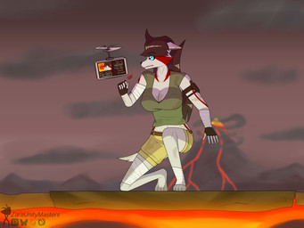 black_hair blue_eyes camera clenched_teeth clothing crouching dangerous dark_clouds dirty dirty_clothing ears_down electronics female fingerless_gloves fur fur_markings gauze gloves green_clothing green_shirt green_topwear grey_body grey_fur hair handwear khaki_pants kneeling knife knife_sheath lava livestream long_hair looking_away markings monitor on_one_knee painted_background pivoted_ears red_body red_fur red_markings rolled_up_pants shirt smog tail teeth topwear volcano worried zaraunitymasters zara_(zaraunitymasters) canid canine canis mammal wolf 4:3 cel_shading hi_res shaded watermark
