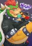 2021 2_horns anthro armband belly belt biped blush bottomwear bowser bracelet bulge claws clothed clothing collar condom condom_in_mouth erection erection_under_clothing gloves hair handwear heart_symbol hi_res horn humanoid_hands janemoroh jewelry kemono koopa male mario_bros mouth_hold musclegut muscular muscular_male nintendo nipples object_in_mouth overweight overweight_male pants red_eyes red_hair scalie sexual_barrier_device sharp_teeth shell shirt solo spiked_armband spiked_bracelet spiked_collar spiked_shell spikes spikes_(anatomy) teeth text topwear