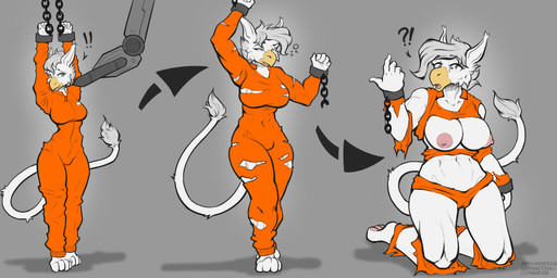 anthro areola athletic big_breasts blue_eyes breasts clothing female jumpsuit muscular muscular_female nipples open_mouth orange_clothing orange_jumpsuit pawpads solo tail torn_clothing transformation white_body reaper3d mythology avian gryphon mythological_avian mythological_creature absurd_res hi_res