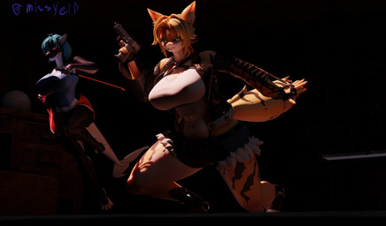action_scene anthro big_breasts blonde_hair blue_hair breasts clothing duo female female/female fur green_eyes gun hair jumping leather leather_clothing melee_weapon multicolored_body orange_eyes ranged_weapon striped_body striped_fur stripes sword thick_thighs tight_clothing two_tone_body weapon wide_hips miss_yelp valorlynz_(modeler) mihoyo zenless_zone_zero pulchra_fellini zea_nalya aquatic cetacean dolphin felid feline mammal oceanic_dolphin orca thiren toothed_whale 3d_(artwork) digital_media_(artwork) hi_res