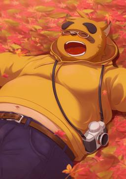 anthro autumn belly belt black_nose blue_bottomwear blue_clothing blue_pants blush bottomwear brown_belt brown_body brown_fur camera cheek_tuft clothed clothing dipstick_ears ear_markings ear_tuft eyebrows eyes_closed eyewear facial_markings facial_tuft fully_clothed fur glasses head_markings head_tuft hoodie kemono laugh leaf lying lying_on_ground male markings mask_(marking) multicolored_body multicolored_ears multicolored_fur navel on_ground open_mouth overweight overweight_male pants solo tan_body tan_fur teeth thick_eyebrows tongue topwear tuft yellow_clothing yellow_hoodie yellow_topwear ry_o morenatsu kounosuke_kuri canid canine mammal raccoon_dog tanuki 2022 absurd_res colored hi_res
