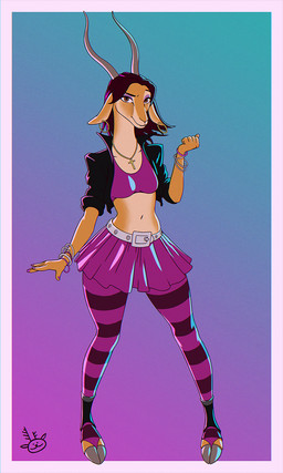 anthro belt bottomwear bracelet clothing cosplay cross crossover_cosplay ear_piercing female hair hooves horn jacket jewelry legwear looking_at_viewer piercing purple_eyes simple_background skirt solo stockings topwear tram15vay disney grand_theft_auto grand_theft_auto:_vice_city rockstar_games zootopia gazelle_(zootopia) mercedes_cortez antelope bovid gazelle mammal 2020 3:5 crossover hi_res