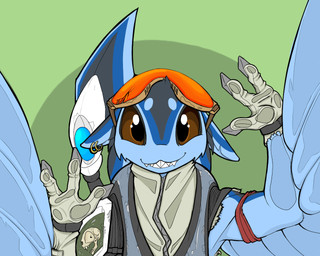 3_fingers 4_ears against_surface ambiguous_anthro ambiguous_gender anthro armor arms_bent big_eyes blue_body blue_eyebrows blue_feathers blue_wings broken_eyewear broken_goggles brown_eyes circle_eyebrows claws clothed clothed_ambiguous clothed_anthro clothing cute_fangs ear_piercing ear_ring eyebrows eyewear eyewear_on_head facial_tuft fangs feathers finger_claws fingers glistening glistening_eyes gloves goggles goggles_on_head grey_body grey_feathers hand_on_glass handwear head_tuft looking_at_viewer monotone_wings multi_ear multicolored_body multicolored_feathers multicolored_tail noseless notched_ear on_glass open_mouth open_smile orange_eyewear orange_goggles piercing pivoted_ears prosthetic prosthetic_limb prosthetic_tail pupils ring_piercing sharp_teeth skull_tattoo smile smiling_at_viewer solo tail tattoo teeth torn_clothing tuft winged_arms wings compound_lift avali avian 2016 5:4 bust_portrait digital_media_(artwork) portrait shaded