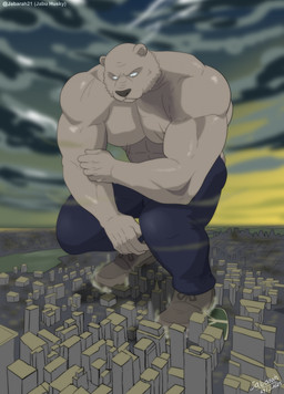 abs anthro big_muscles bottomwear brown_body city clothed clothing cloud crouching detailed_background footwear horizon looking_down macro male muscular muscular_anthro muscular_arms muscular_male pants pecs scar shoes solo topless jabuhusky beastars riz_(beastars) bear mammal 2025 hi_res