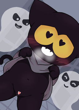 black_body bodily_fluids bottomless clothed clothing female genital_fluids genitals group heart_censor heart_symbol raised_clothing trio vaginal_fluids vulva young kajiura google google_doodle magic_cat_academy momo_(google) domestic_cat felid feline felis ghost mammal spirit censored