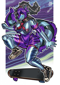 anthro black_body black_hair blue_body breasts clothing female footwear frill_(anatomy) fur fur_ridge genitals hair head_crest head_frill latex latex_clothing latex_leotard leotard multicolored_body multicolored_hair nipples pink_eyes pink_nipples ponytail purple_body purple_fur purple_hair shoes skateboard solo translucent translucent_latex translucent_leotard translucent_thigh_highs two_tone_hair vehicle vulva jooshy mythology exenthal aquatic dragon fish hybrid mythological_creature mythological_scalie scalie shark 2025 hi_res