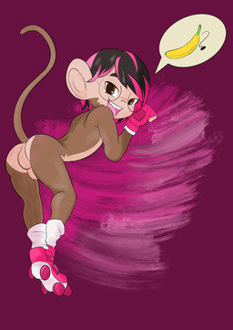 anthro balls banana bent_over butt clothing exhibitionism eyewear femboy food footwear fruit genitals glasses gloves_(marking) highlights_(coloring) humanoid_genitalia humanoid_penis looking_at_viewer looking_back male markings nude penis plant presenting presenting_hindquarters quad_skates roller_skates socks solo irnoodles haplorhine mammal monkey primate absurd_res hi_res
