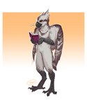 4_toes 5_fingers anisodactyl annoyed anthro beak black_beak blush blush_lines book brown_body brown_feathers clothing digitigrade ellipsis feathers featureless_crotch feet fingers holding_book holding_object male orange_eyes scuted_arms scuted_legs scutes simple_background solo sweater tail talons toes topwear white_body white_feathers wings masefinch ozawk_(character) accipitriform avian bird osprey hi_res signature