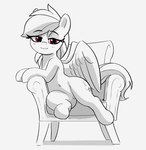 bedroom_eyes chair cutie_mark eyebrows eyelashes feathered_wings feathers female feral furniture hair looking_at_viewer narrowed_eyes navel pink_eyes seductive simple_background sitting smile solo tail wings pabbley friendship_is_magic hasbro my_little_pony mythology rainbow_dash_(mlp) equid equine mammal mythological_creature mythological_equine pegasus 2023 greyscale hi_res monochrome