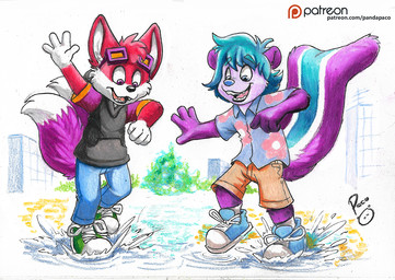 anthro black_nose blue_eyes blue_hair blue_nose bottomwear clothed clothing dipstick_tail duo footwear fur gloves_(marking) hair happy head_tuft logo male male_anthro markings open_mouth open_smile outside pants puddle purple_body purple_eyes purple_fur purple_tail red_body red_fur shoes short_hair smile splash tail tail_markings topwear tuft water white_body white_fur white_tail young young_anthro young_male pandapaco canid canine fox mammal mephitid skunk 2020 artist_logo signature