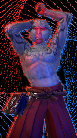 anthro black_sclera bottomwear clothing dancing fangs fur grey_body grey_fur looking_at_viewer male pouch_(clothing) raised_arms ranged_weapon red_body red_skin robe shorts shuriken solo teeth weapon yellow_eyes enati_paraskevi epic_games fortnite kozaru_(fortnite) haplorhine japanese_macaque macaque mammal monkey old_world_monkey primate 4k 9:16 absurd_res hi_res