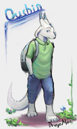 anthro backpack bottomwear clothing denim denim_bottomwear denim_clothing flower jeans male outside pants plant solo tail walking dragomor mythology oushin arthropod dragon hybrid mythological_creature mythological_scalie reptile scalie snake hi_res sketch