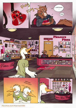 5_fingers anthro ball_gag barefoot bell bodily_fluids bottomwear brown_body brown_fur brown_hair cat_o'_nine_tails cellphone clothed clothed_anthro clothed_male clothing cuff_(restraint) dialogue dildo duo electronics feathers feet fingers fur fuzzy_handcuffs gag hair handcuffs hoodie hooves horn humanoid_hands lingerie male metal_cuffs nervous page_number panties penetrable_sex_toy phone restraints sex_shop sex_toy shirt shorts smartphone speech_bubble standing store sweat text topwear underwear whip white_body white_feathers kantachibli phillip_(kantachibli) sonni_(kantachibli) avian bird bovid caprine goat heron mammal pelecaniform comic english_text hi_res url